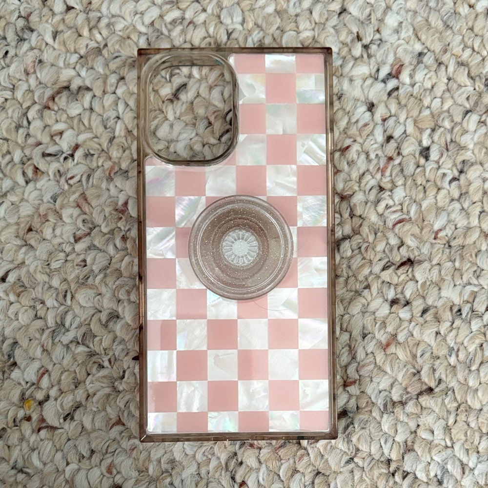 Flaunt Pink Checked Mother of Pearl iPhone 16 Case with popsocket